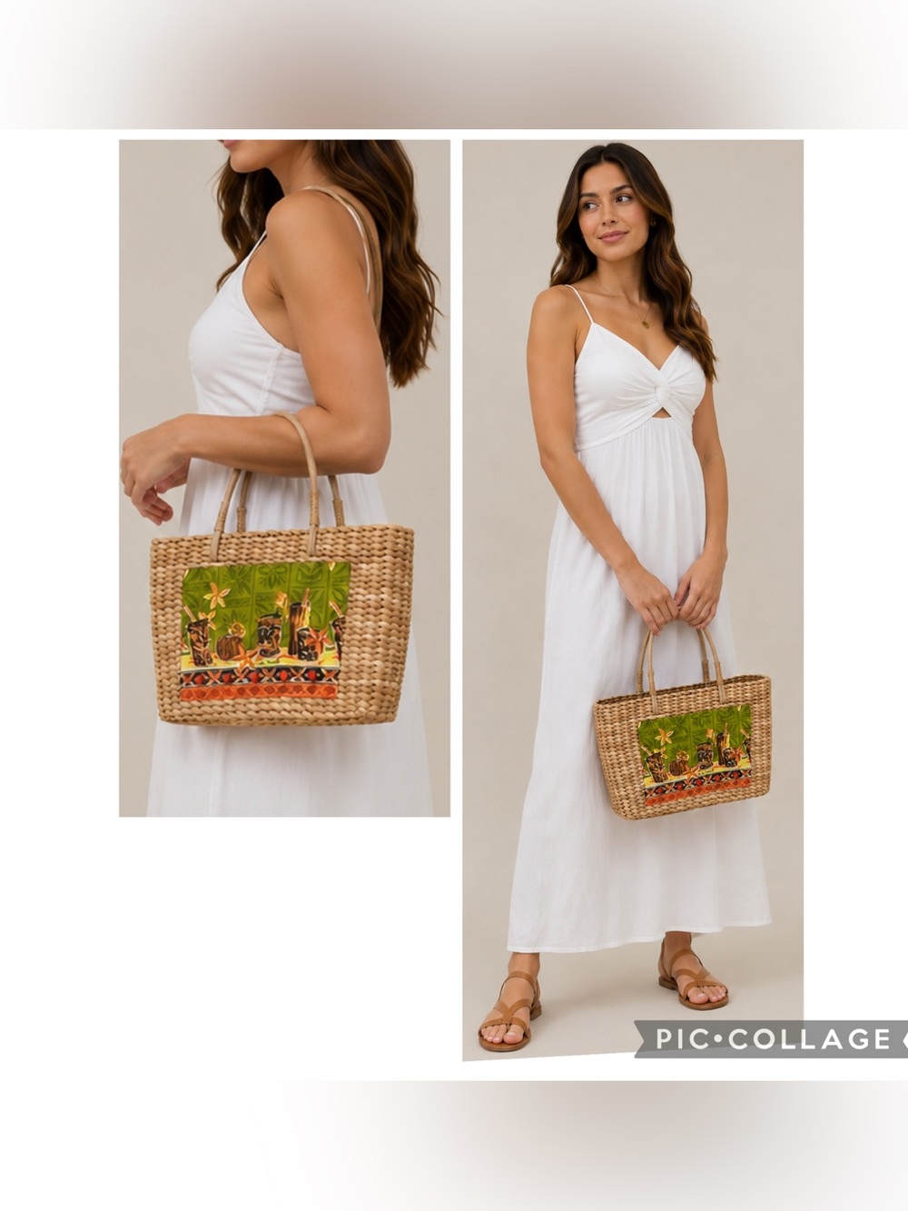 NWT Sun N Sand Tiki Straw Tote Tropical Cocktail Woven Beach Bag